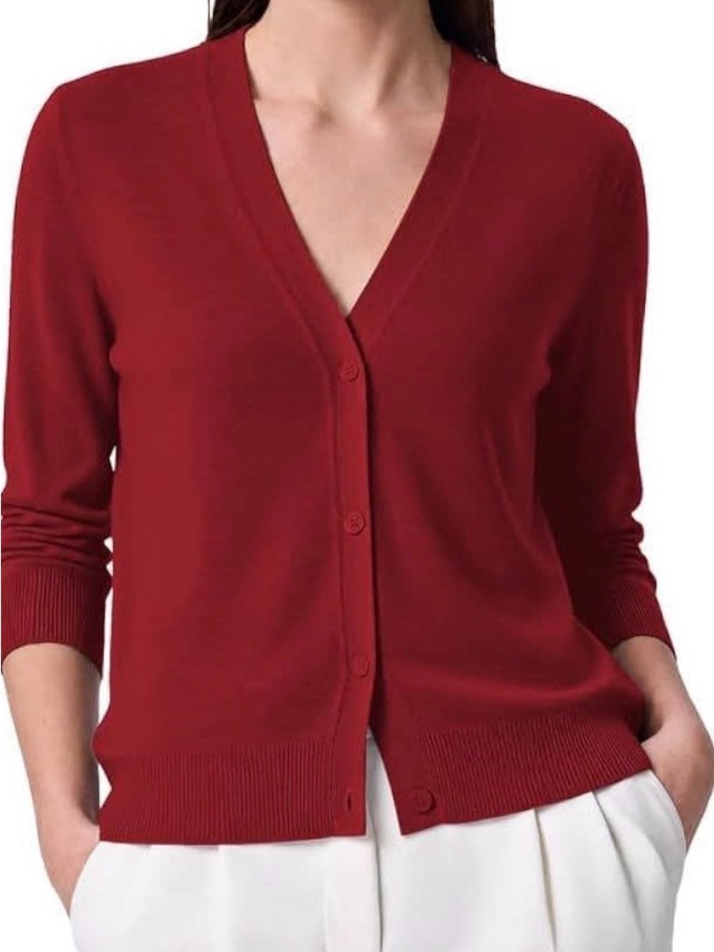 LOFT Women's V-Neck Cardigan in Deep Red